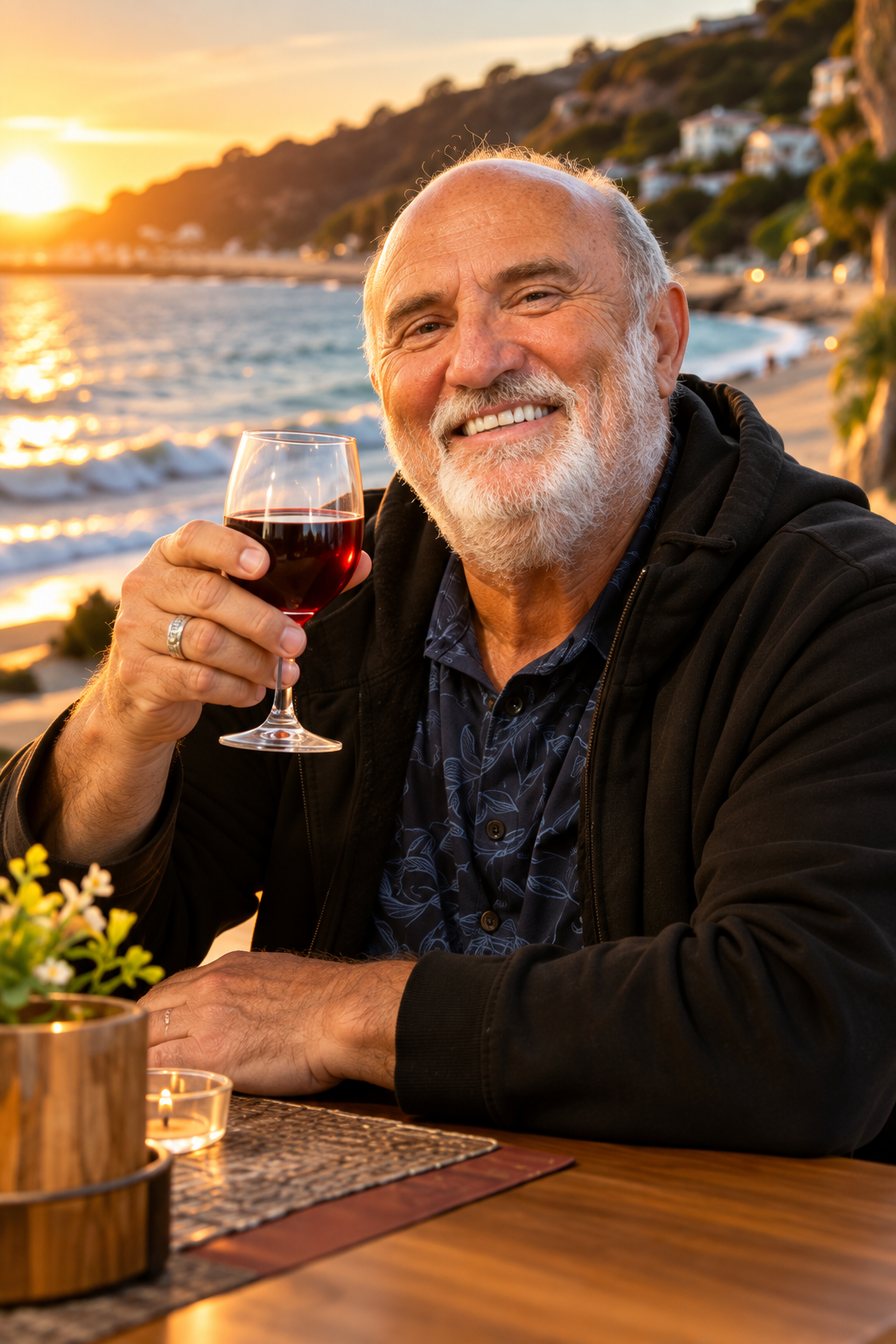 Charles Venter raising a glass at sunset by the sea
