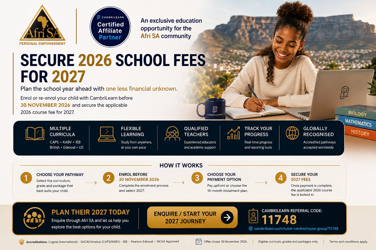 Afri SA and CambriLearn certified affiliate partner offer: secure 2026 school fees for 2027, multiple curricula, flexible learning, qualified teachers, referral code 11748