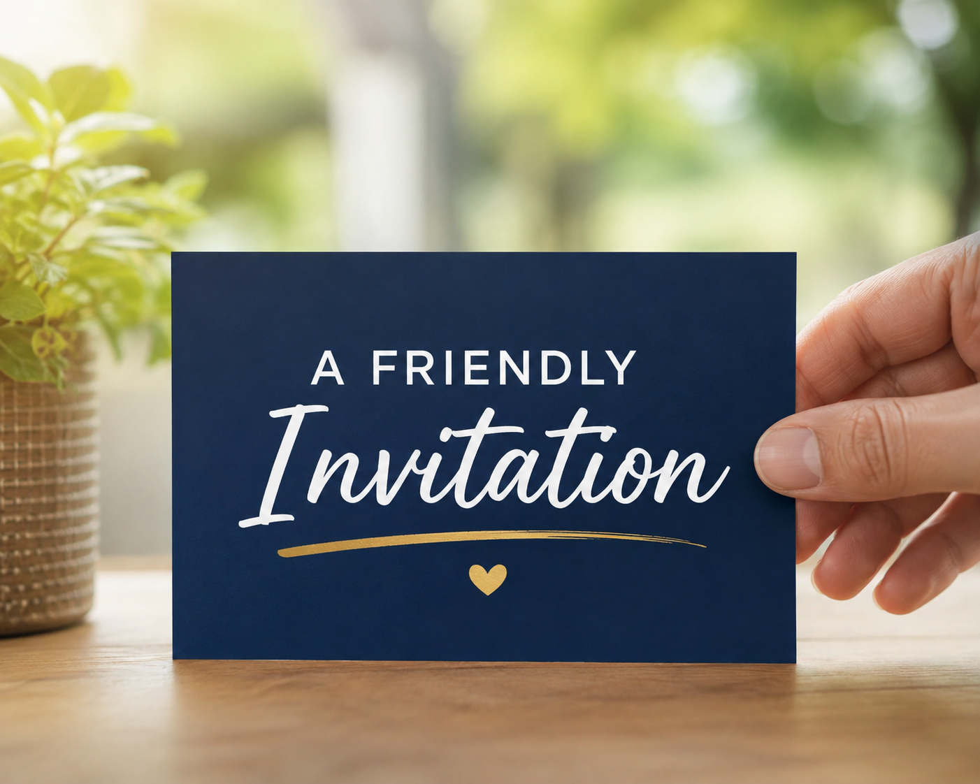 A Friendly Invitation card in navy blue and gold