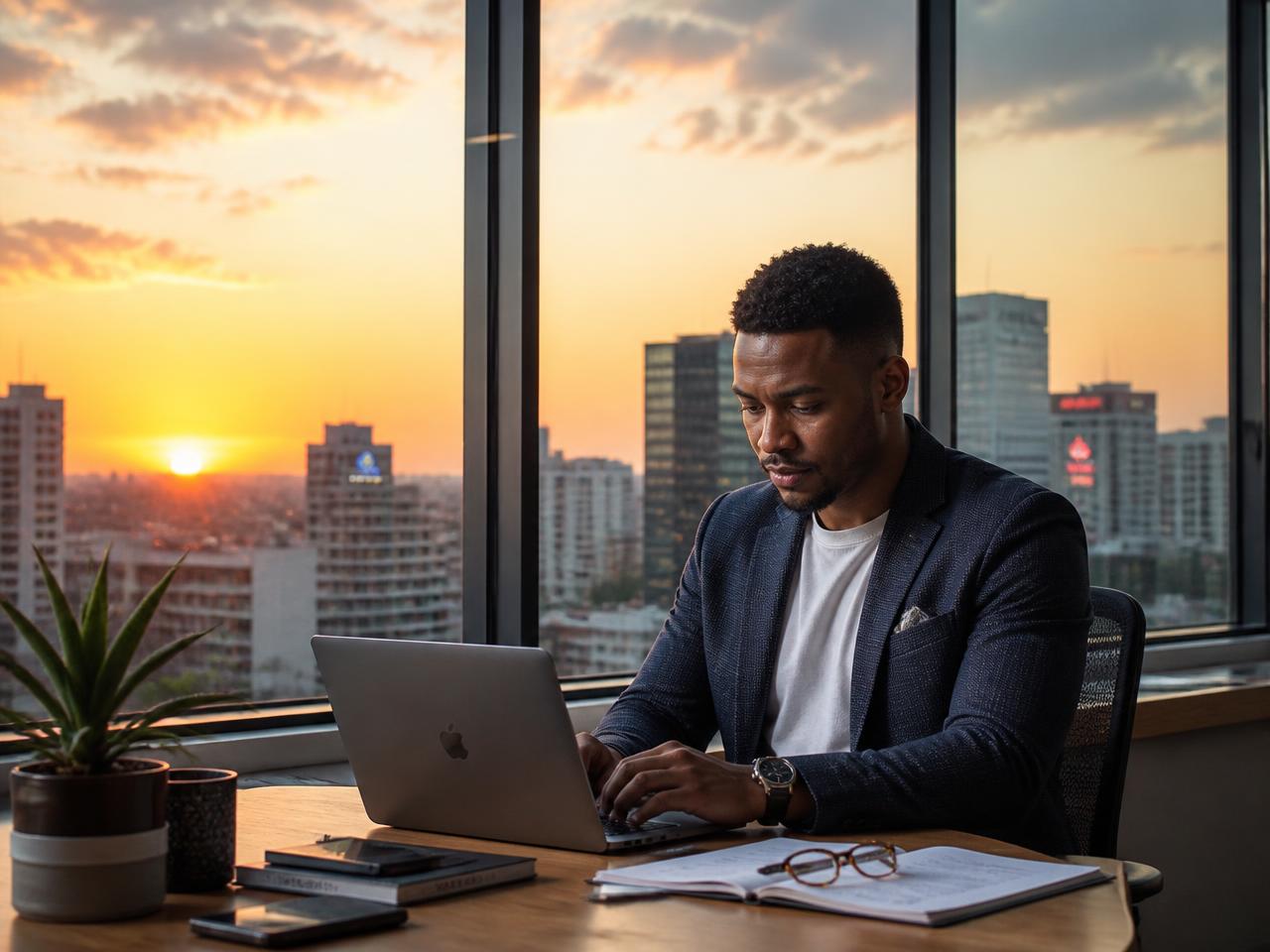 A South African entrepreneur working at dusk above the city skyline