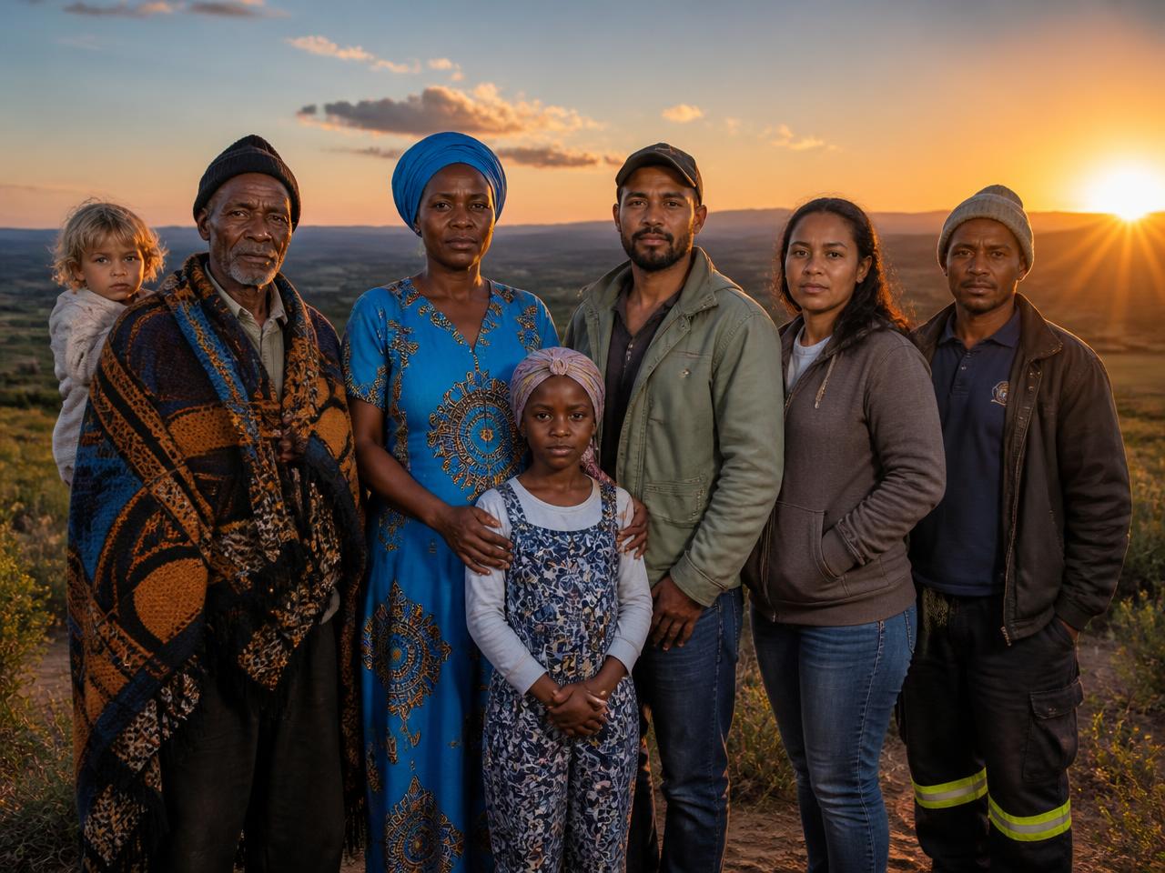 South Africans of different backgrounds standing together at sunrise